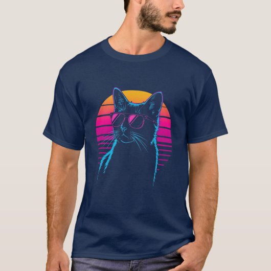 Retro 80s Neon Cat T-Shirt (Vorderseite)
