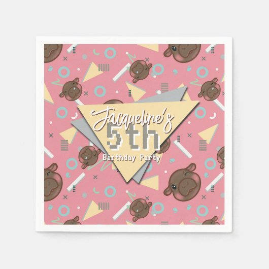 Retro 80's Pink Baby Hippo Geburtstag Serviette (Vorderseite)