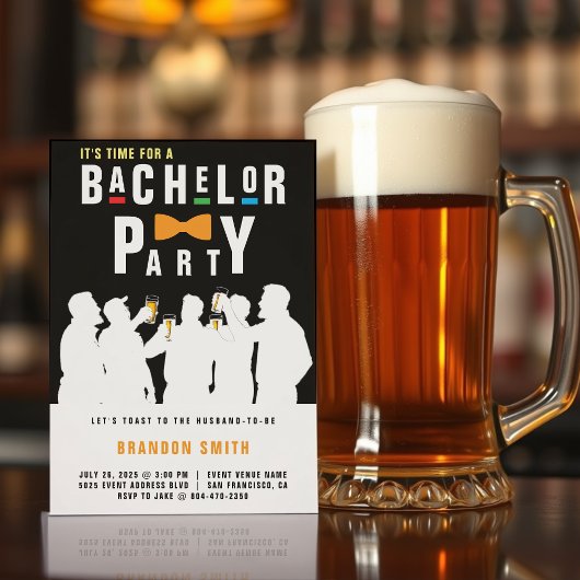 Retro 90er farbenfrohe Bowtie Bachelor Party Black Einladung