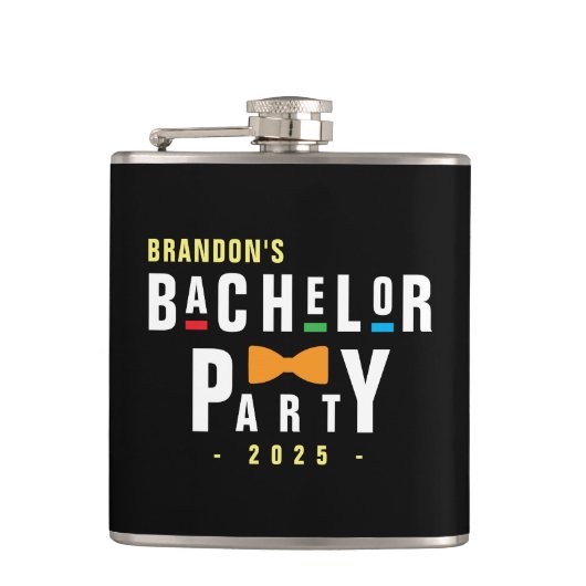 Retro 90er farbenfrohe Bowtie Bachelor Party Black Flachmann (Vorderseite)