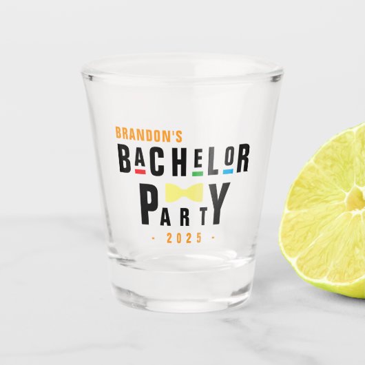 Retro 90er farbenfrohe Bowtie Bachelor Party Schnapsglas (Vorderseite)