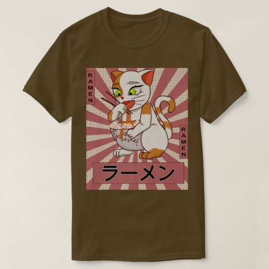 Retro 90er Japanisch Kawaii Anime Cat Eating Ramen T-Shirt (Design vorne)
