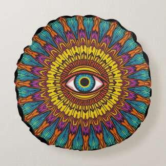Retro 90er Mandala | Psychedelisches Third Eye Gra Rundes Kissen
