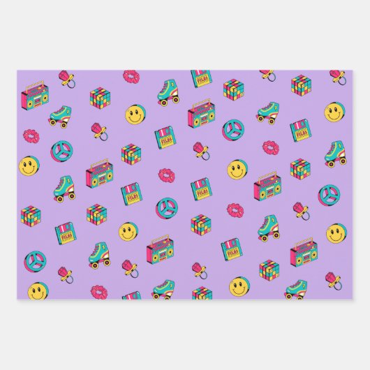 Retro 90er Muster lila rosa aquamarines Party Geschenkpapier Set (Vorderseite 3)