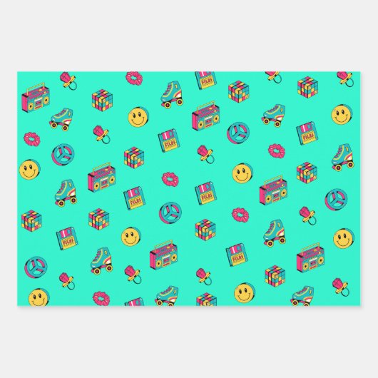 Retro 90er Muster lila rosa aquamarines Party Geschenkpapier Set (Vorderseite 2)