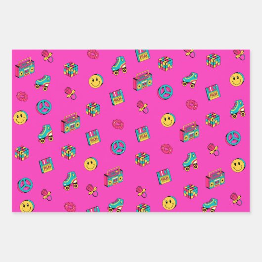 Retro 90er Muster lila rosa aquamarines Party Geschenkpapier Set (Vorderseite)