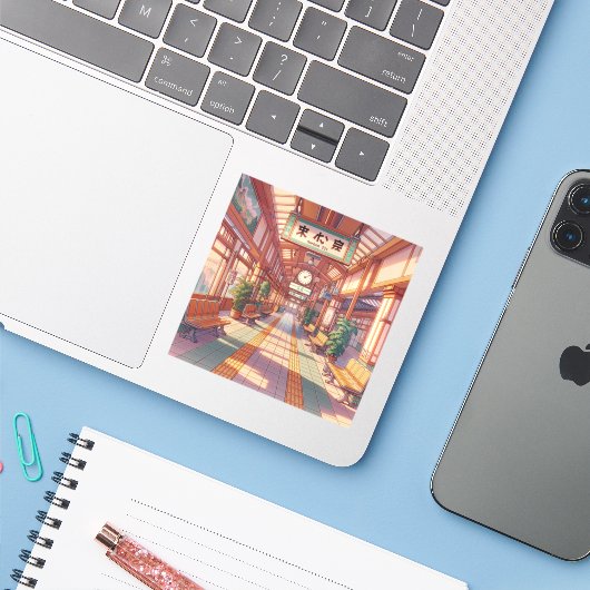 Retro 90s Anime Japan Bahnhof Aufkleber (Laptop mit iPhone)