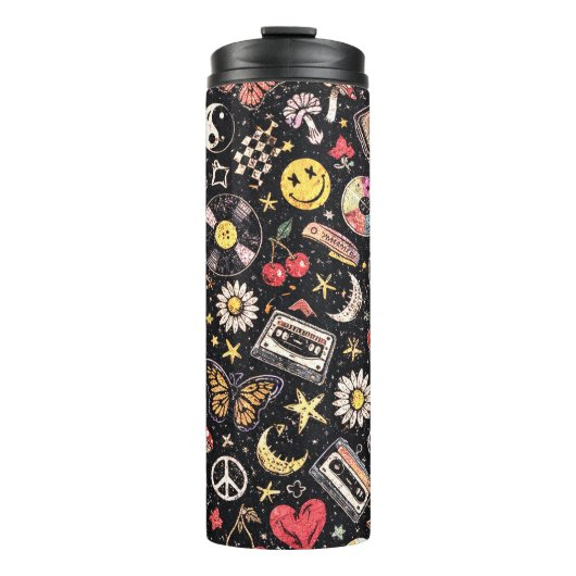 Retro 90s Celestial Psychedelic Pattern with Smile Thermosbecher (Vorderseite)
