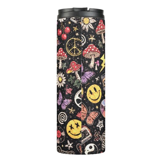 Retro 90s Celestial Psychedelic Pattern with Smile Thermosbecher (Rückseite)