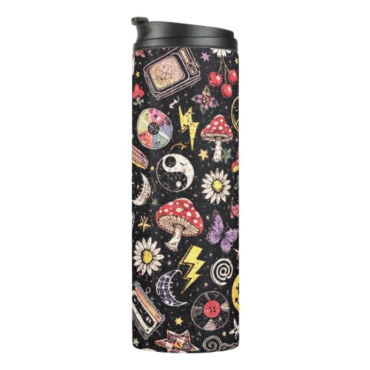 Retro 90s Celestial Psychedelic Pattern with Smile Thermosbecher (Nach rechts gedreht)