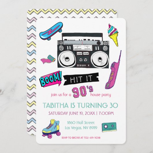 Retro 90's Geburtstagsparty Einladung (Vorne/Hinten)