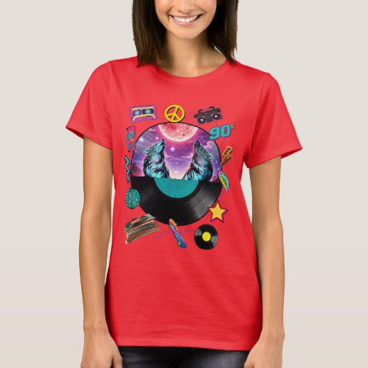 Retro 90s Midnight Wolf & Boombox Circular Collage T-Shirt (Vorderseite)