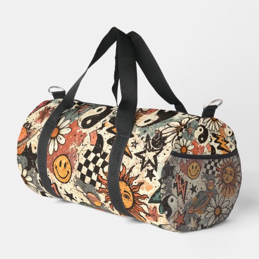 Retro 90s Psychedelic Doodle Pattern with Yin Yang Duffle Bag (Rechte Ecke)