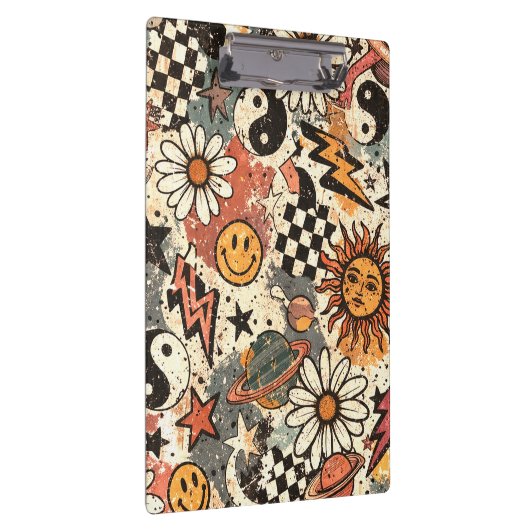 Retro 90s Psychedelic Doodle Pattern with Yin Yang Klemmbrett (Rechts)