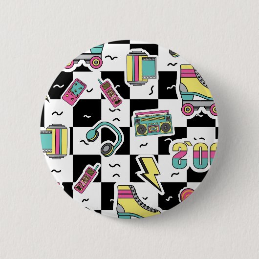 Retro 90s Roller Skate Pattern Round Button (Vorderseite)