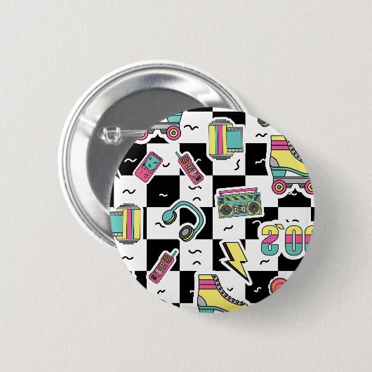 Retro 90s Roller Skate Pattern Round Button (Vorne & Hinten)