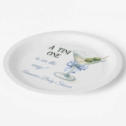 Retro A Tini One Martini Blue Bow Boy Baby Shower Pappteller (Schrägansicht)