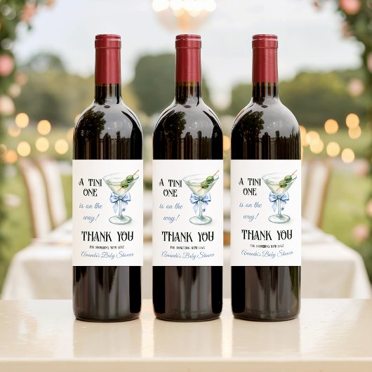 Retro A Tini One Martini Blue Bow Boy Baby Shower Weinetikett