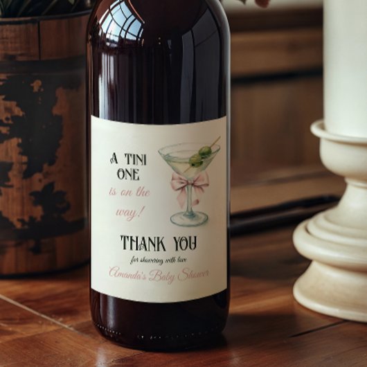 Retro A Tini One Martini Pink Bow Girl Baby Shower Weinetikett