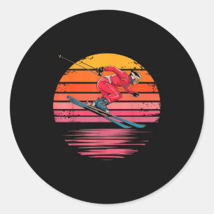 Retro-Abfahrtsskifahren vintage Sonnenuntergang Sp Runder Aufkleber