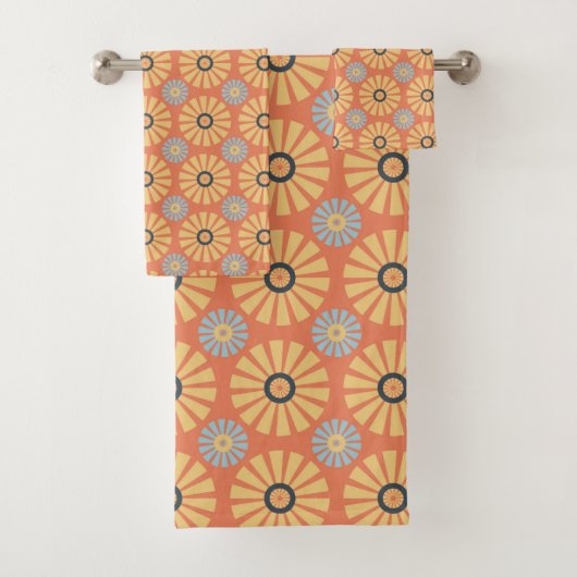 Retro Abstrablau und Orange Daisies Muster Badhandtuch Set (Insitu)