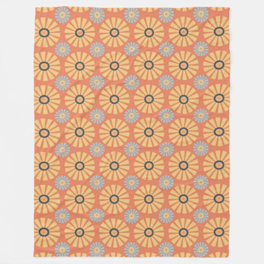 Retro Abstrablau und Orange Daisies Muster Fleecedecke (Vorderseite)
