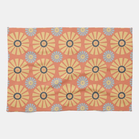 Retro Abstrablau und Orange Daisies Muster Geschirrtuch (Horizontal)