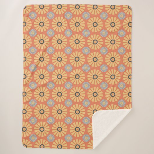 Retro Abstrablau und Orange Daisies Muster Sherpadecke (Vorderseite)