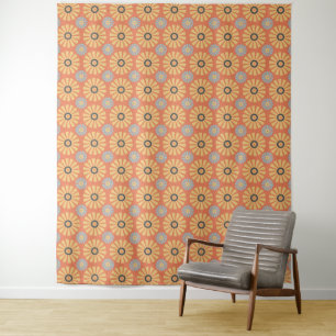 Retro Abstrablau und Orange Daisies Muster Wandteppich