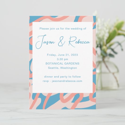 Retro Abstract Blue All In One Budget Wedding  Einladung (Stehend Vorderseite)