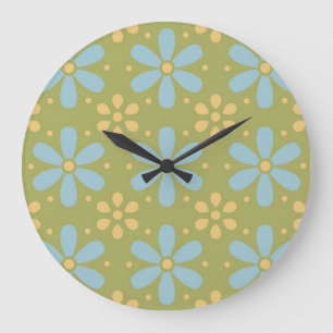Retro Abstract Blue and Yellow Flowers Pattern Große Wanduhr