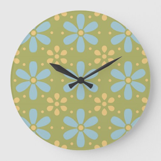 Retro Abstract Blue and Yellow Flowers Pattern Große Wanduhr (Vorderseite)