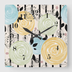 Retro, abstract flowers quadratische wanduhr