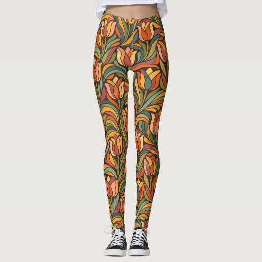 Retro Abstract Orange Tulip Floral Yoga Style  Leggings (Vorderseite)