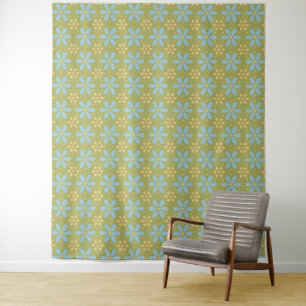 Retro Abstrakt Blau und Gelb Blumen auf Grün Wandteppich