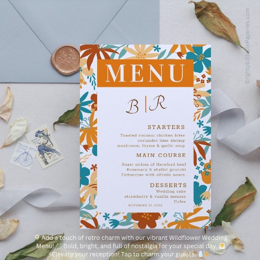 Retro Abstrakt Bright Bold Wildblume Wedding Menükarte