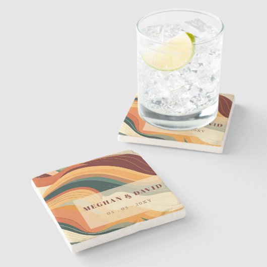 Retro Abstrakt Earthy Terracotta Orange Wedding Steinuntersetzer (Seitenansicht)