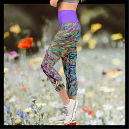Retro Abstrakt Floral Lila Gelb Name Capri Leggings