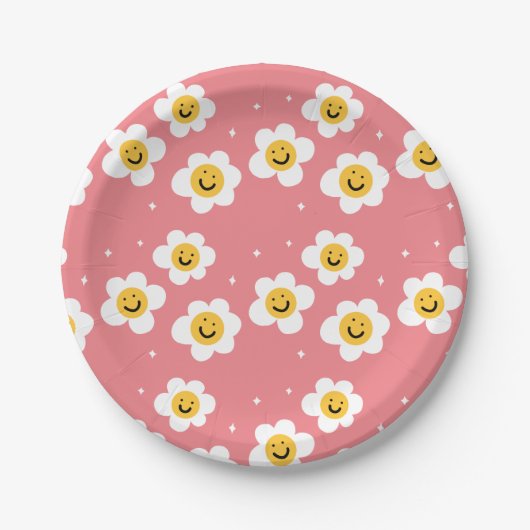 Retro Abstrakt Funky 60er Emoji Daisy Pattern Pappteller (Vorderseite)