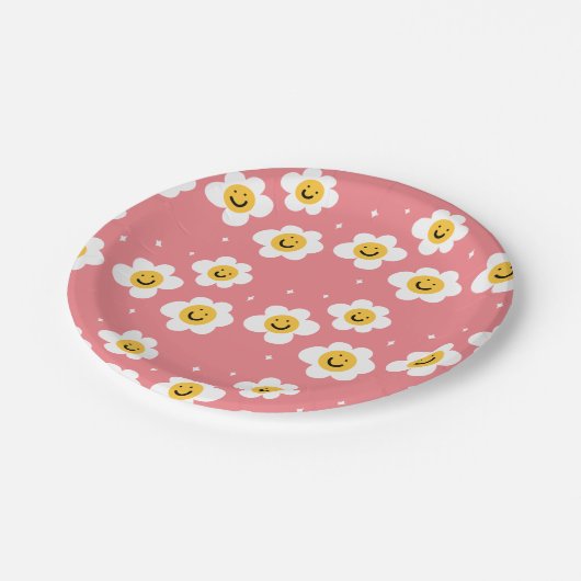 Retro Abstrakt Funky 60er Emoji Daisy Pattern Pappteller (Schrägansicht)
