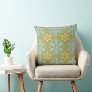 Retro Abstrakte Blaue und Gelbe Blumen auf Grün Kissen