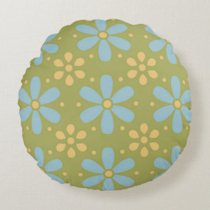 Retro abstrakte blaue und gelbe Blumen auf Grün Rundes Kissen