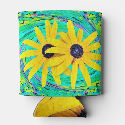 Retro Abstrakte gelbe Blumen auf Aqua Swirl Dosenkühler (Rückseite)