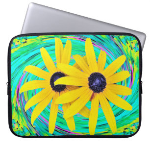 Retro Abstrakte gelbe Blumen auf Aqua Swirl Laptopschutzhülle