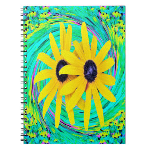 Retro Abstrakte gelbe Blumen auf Aqua Swirl Notizblock