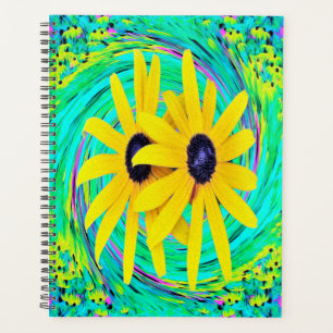 Retro Abstrakte gelbe Blumen auf Aqua Swirl Planer