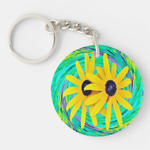 Retro Abstrakte gelbe Blumen auf Aqua Swirl Schlüsselanhänger
