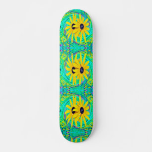 Retro Abstrakte gelbe Blumen auf Aqua Swirl Skateboard