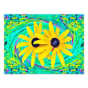 Retro-abstrakte gelbe Blumen auf aquafarbenem Wirb Fotodruck