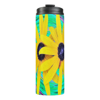 Retro-abstrakte gelbe Blumen auf aquafarbenem Wirb Thermosbecher